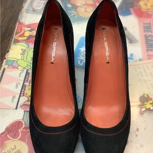 Via Spiga Black Suede Pumps with Orange Insole